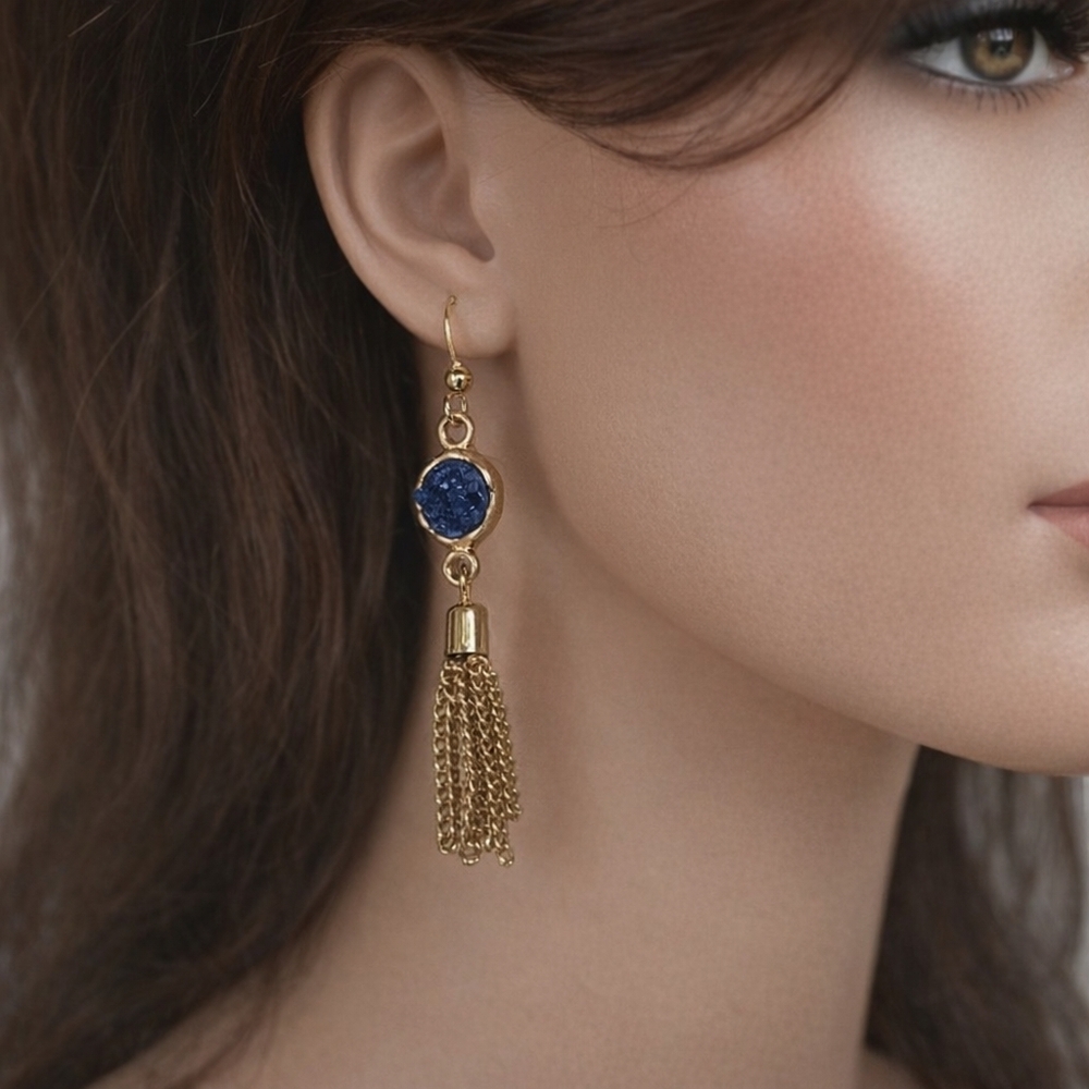 Gold Fringe and Blue Drop Dangle Earrings - Fashion Jewelry